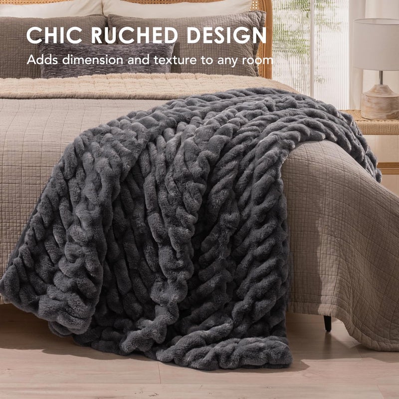 EVERGRACE Luxurious Soft Faux Rabbit Fur Throw Blanket, Cozy Fuzzy Plush Warm Throws for Couch Bed Sofa Chair Decor, Ruched Bubble Fluffy Blanket with Reversible Velvet, 50" x 60", Charcoal Gray - Image 2